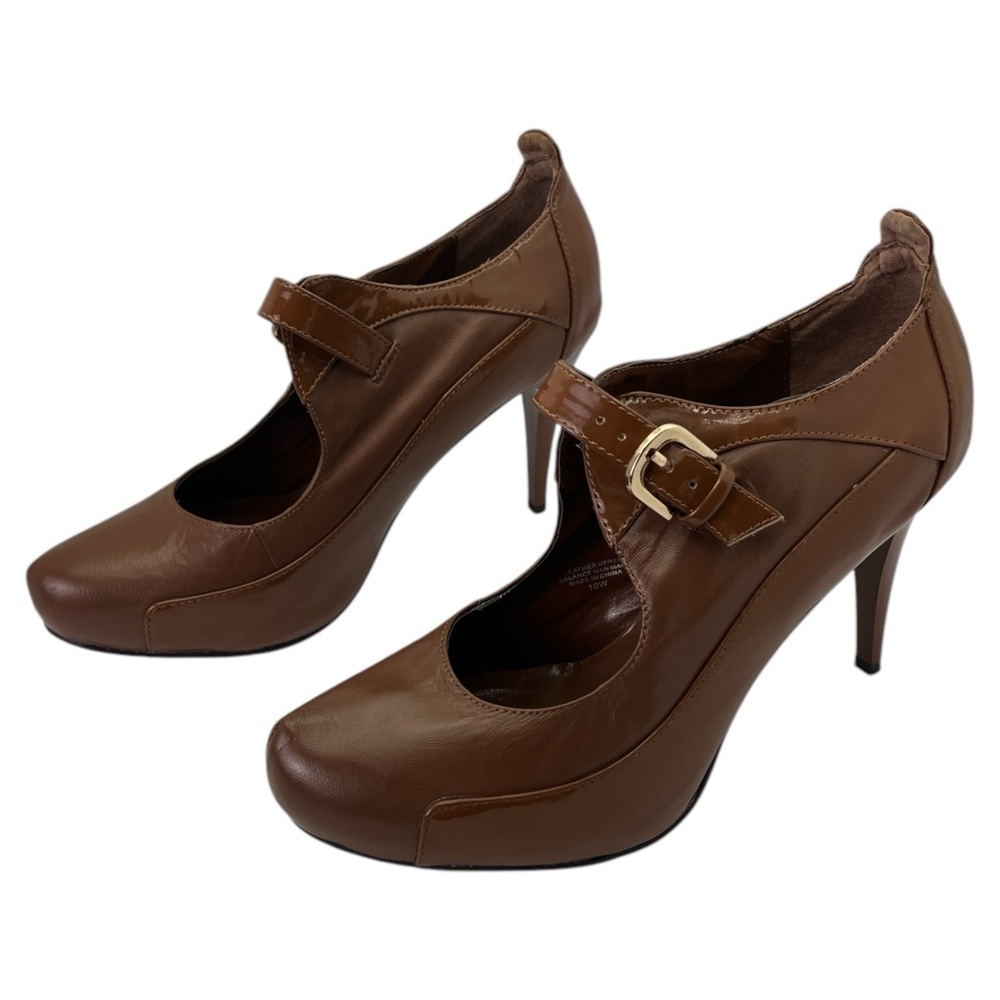 Lumiani Women's Brown Leather Mary Jane Pump Heels Strap, Size 10W.‎